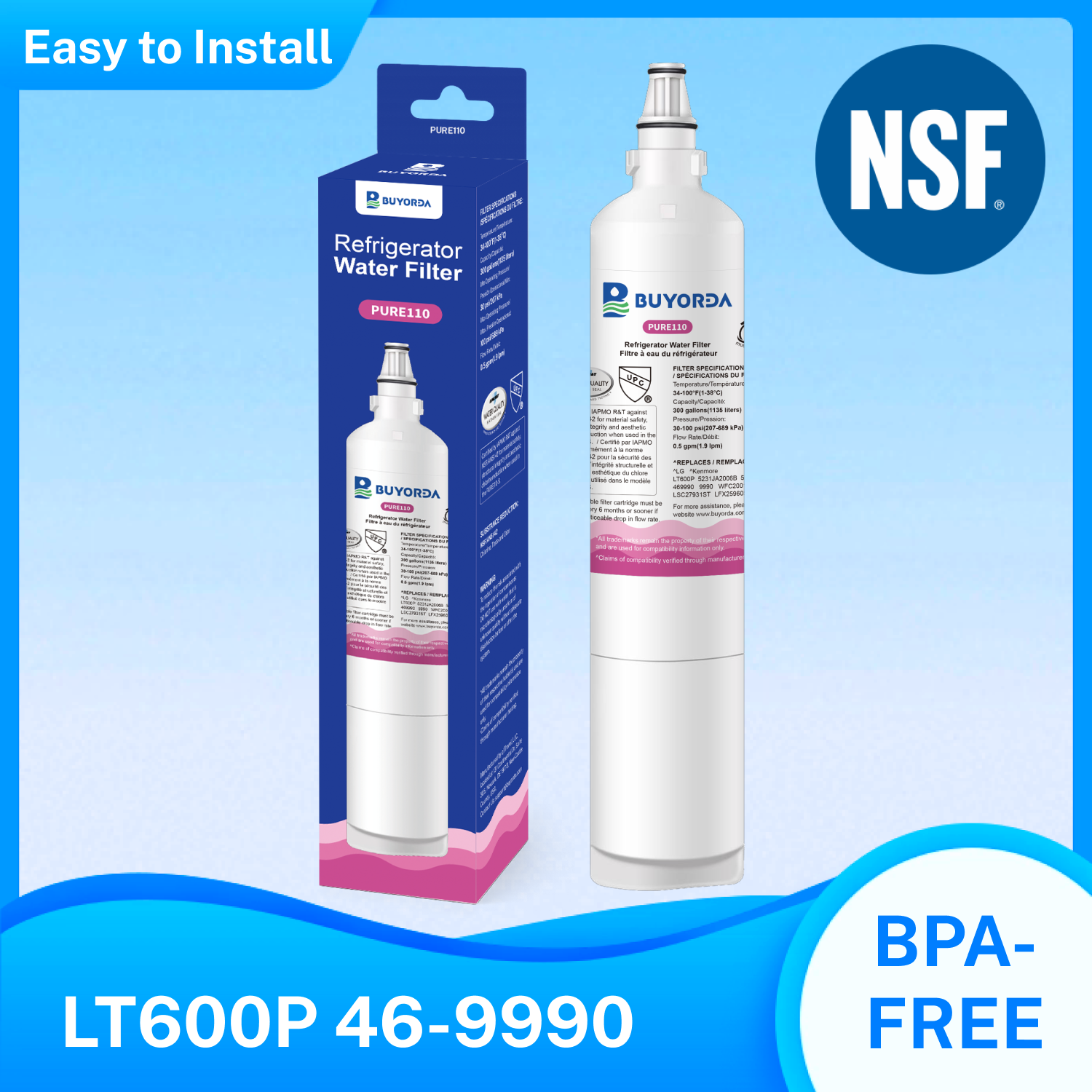 Buyorda Replacement for LG LT600P Refrigerator Water Filter 5231JA2006A fml-2 for Kenmore 469990 9990 5231JA2006B Reduces Bad Taste Odor