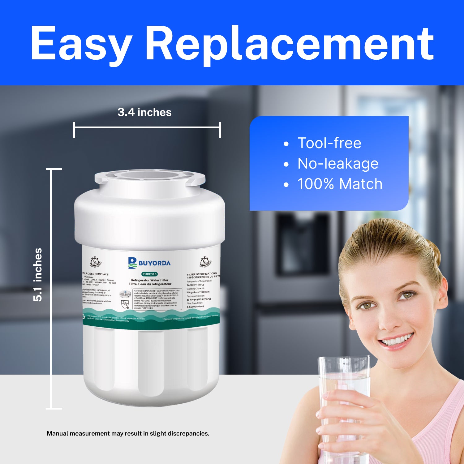 Buyorda WD-F13 Replacement for GE MWF for SmartWater MWFP MWFINT MWFA GWF HDX FMG-1 for Kenmore 9991 GSE25GSHECSS WFC1201 Water Filter