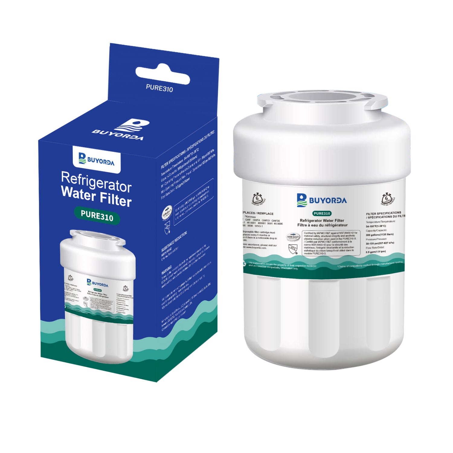 Buyorda WD-F13 Replacement for GE MWF for SmartWater MWFP MWFINT MWFA GWF HDX FMG-1 for Kenmore 9991 GSE25GSHECSS WFC1201 Water Filter