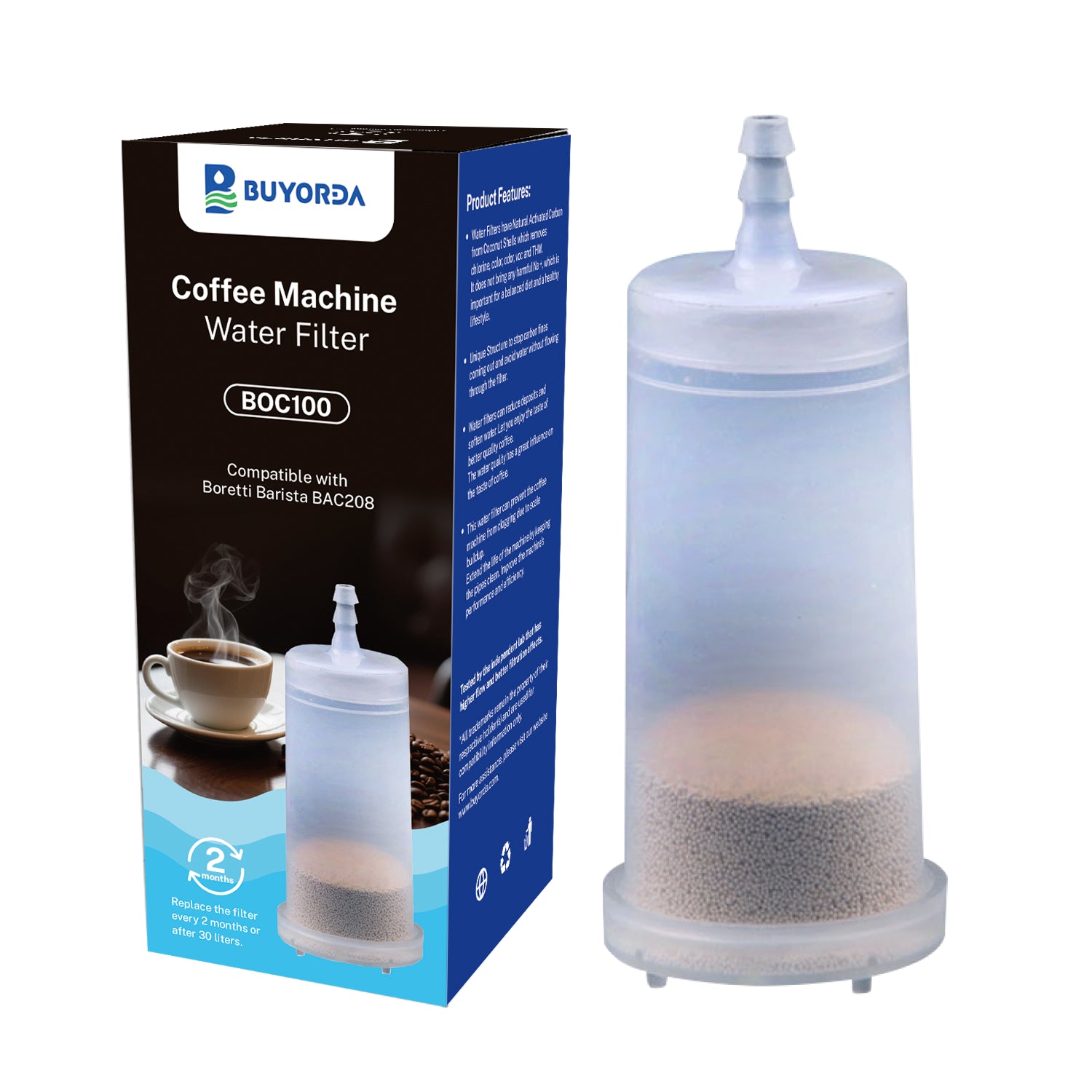 BUYORDA Water Filter Cartridge Compatible with Boretti Barista BAC208, Replacement Coffee Machine Water Filter for Cleaner Water and Better Taste