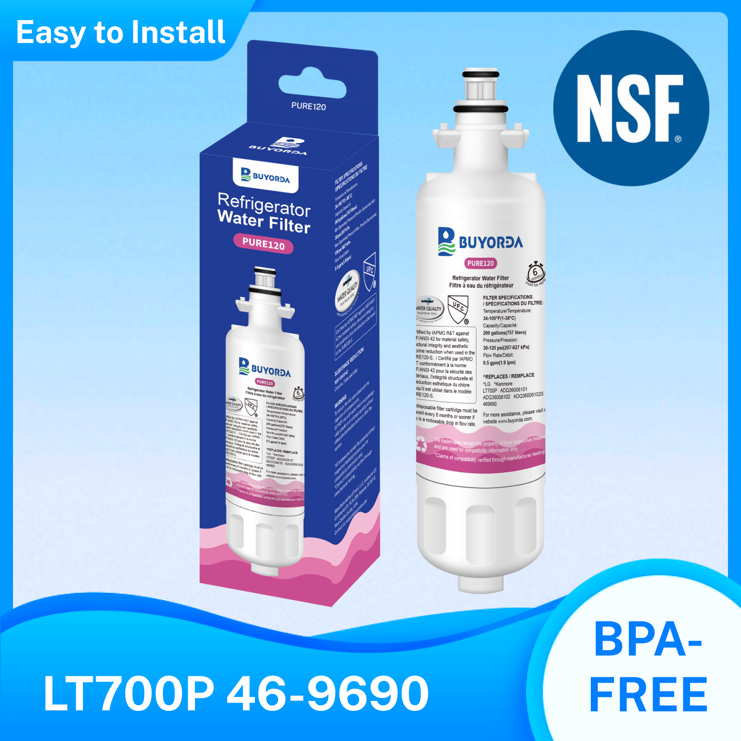 Buyorda ADQ36006101 Replacement for LG LT700P for Kenmore Elite 9690 ADQ36006102 RFC1200A 46-9690 WSL-3 FML-3 Refrigerator Water Filter