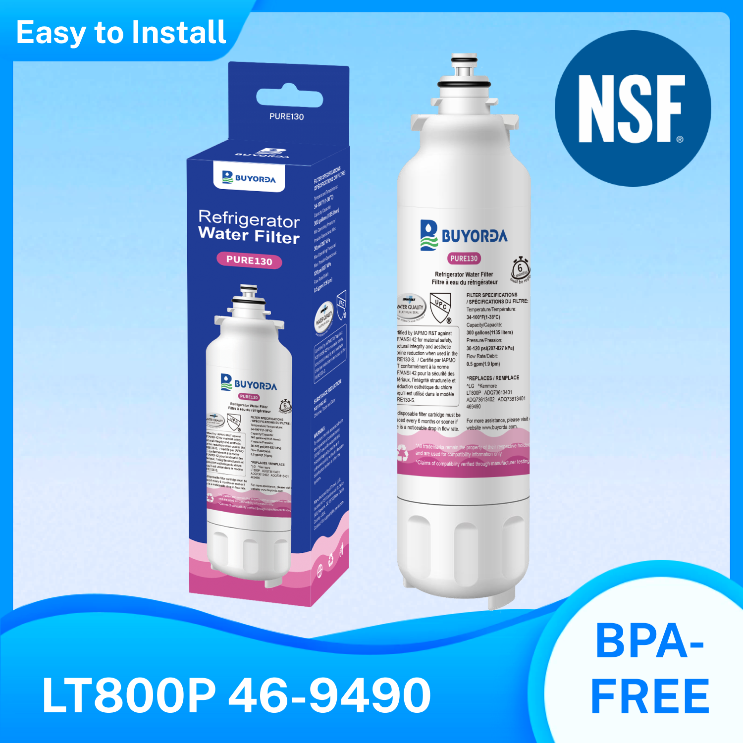 Buyorda LT800P Refrigerator Water Filter Replacement Compatible for LG ADQ73613401 ADQ32617801 LSXS26366S for Kenmore 46-9490 RWF1200A