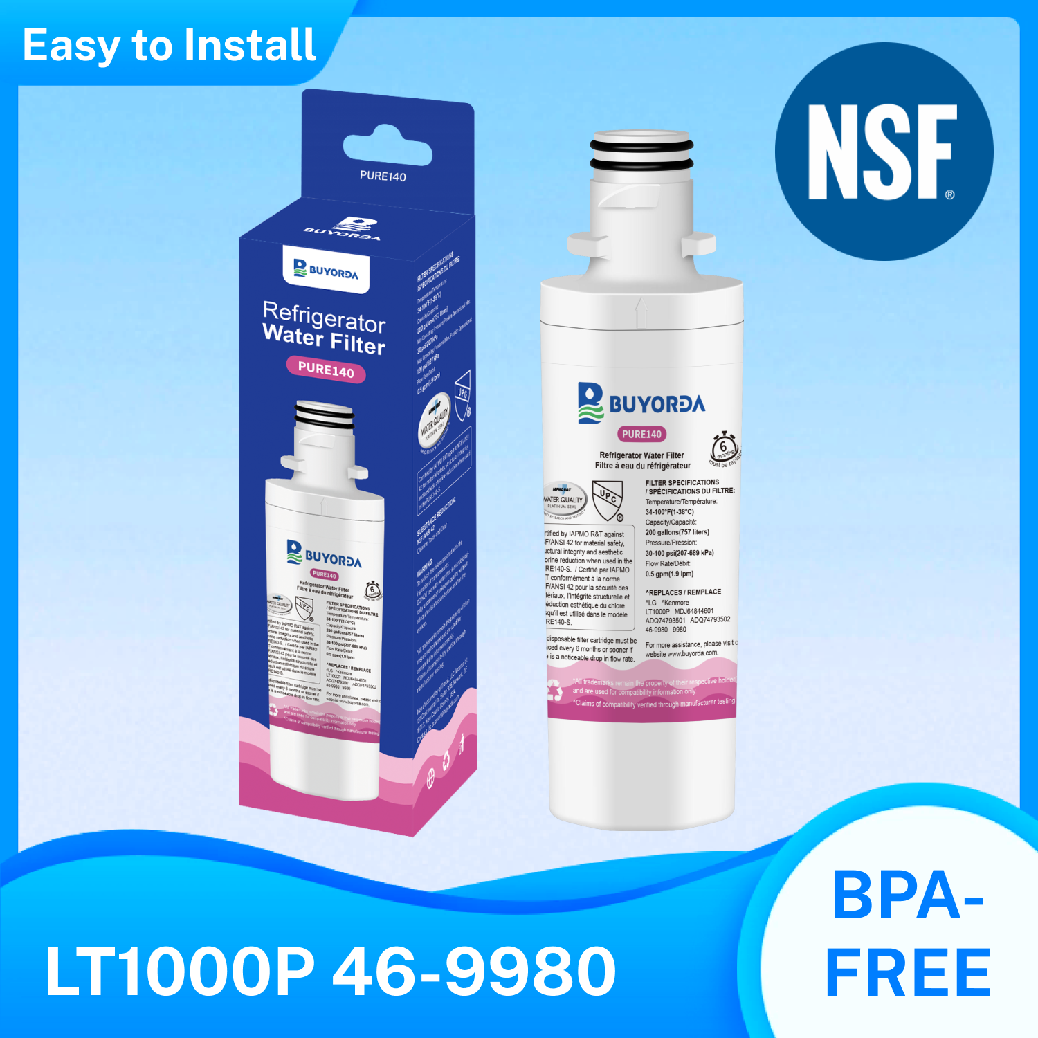 Buyorda LT1000PC ADQ747935 Replacement for LG LT1000P/PCS Refrigerator Water Filter MDJ64844601 ADQ74793501 LMXS28626S for Kenmore 9980