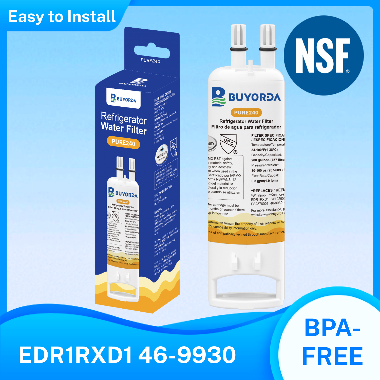 Buyorda W10295370A Water Filter Replacement for Everydrop Filter 1 for Whirlpool EDR1RXD1 EDR1RXD1B WHR1RXD1 P4RFKB2 P8RFWB2L 46-9930