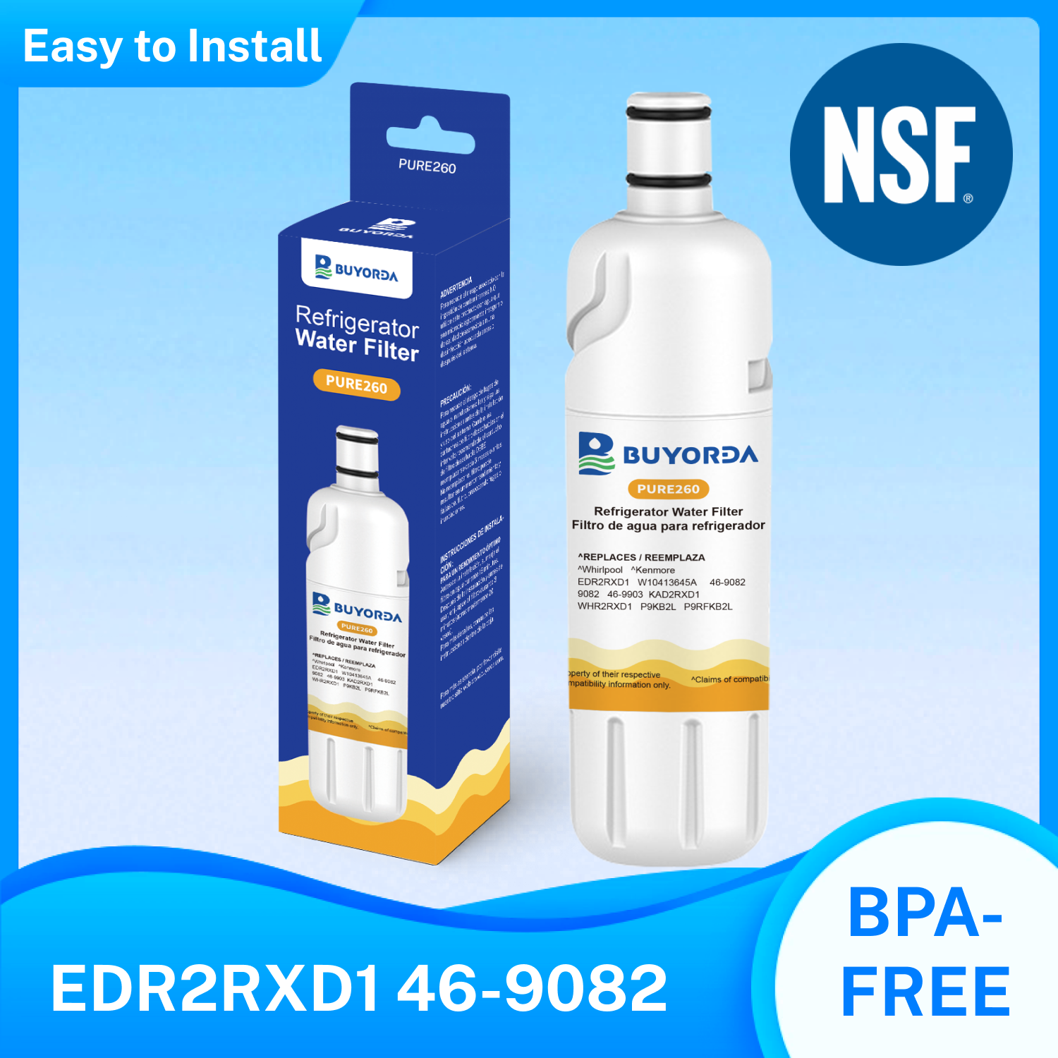Buyorda W10413645A EDR2RXD1 Refrigerator Water Filter Replacement for Filter 2 KAD2RXD1 WHR2RXD1 P9RFKB2L P9KB2L W10238154 9903 469082