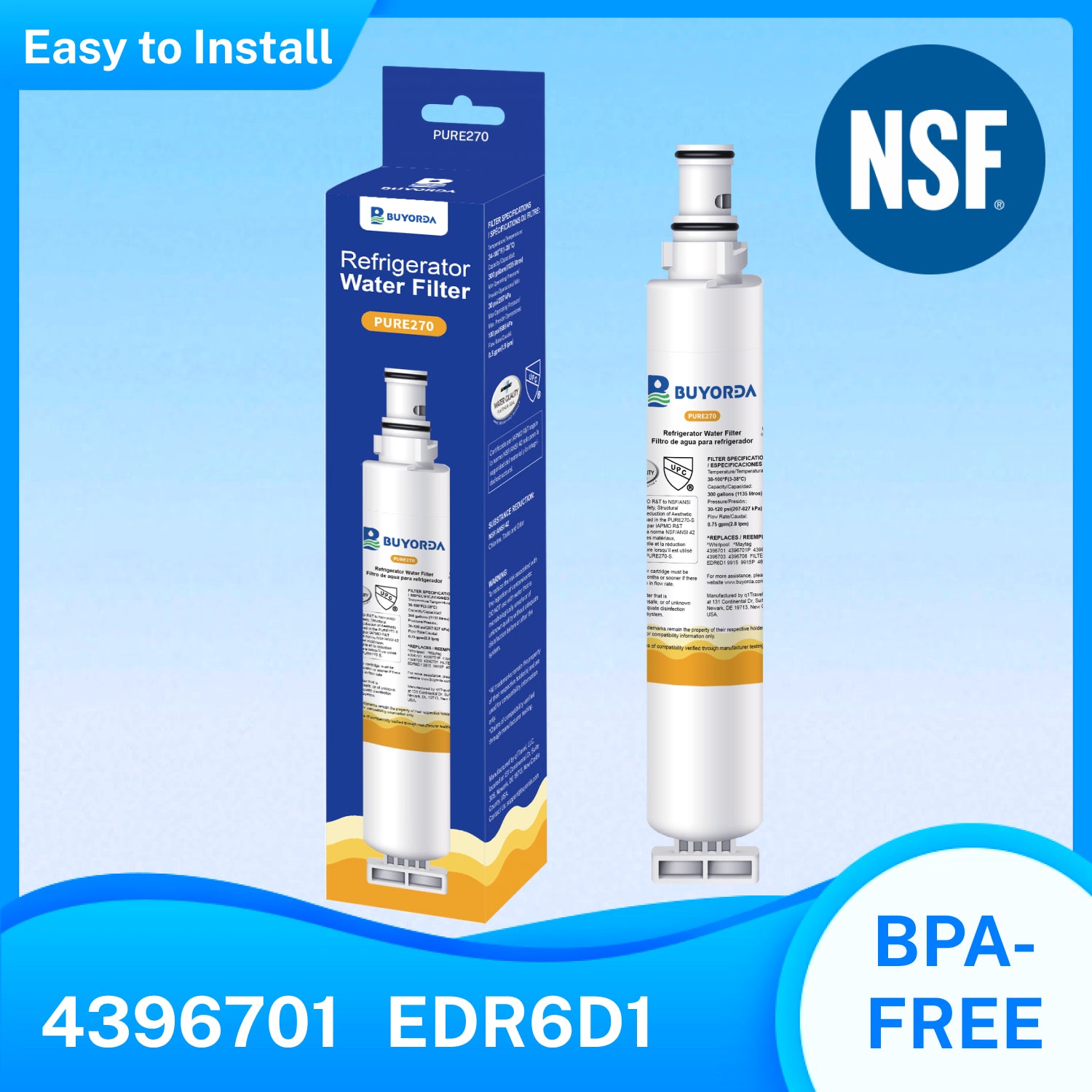 Buyorda EDR6D1 Refrigerator Water Filter, Replacement for Whirlpool EveryDrop Filter 6, 4396701, 4396702, Kenmore 9915 (46-9915), WF293