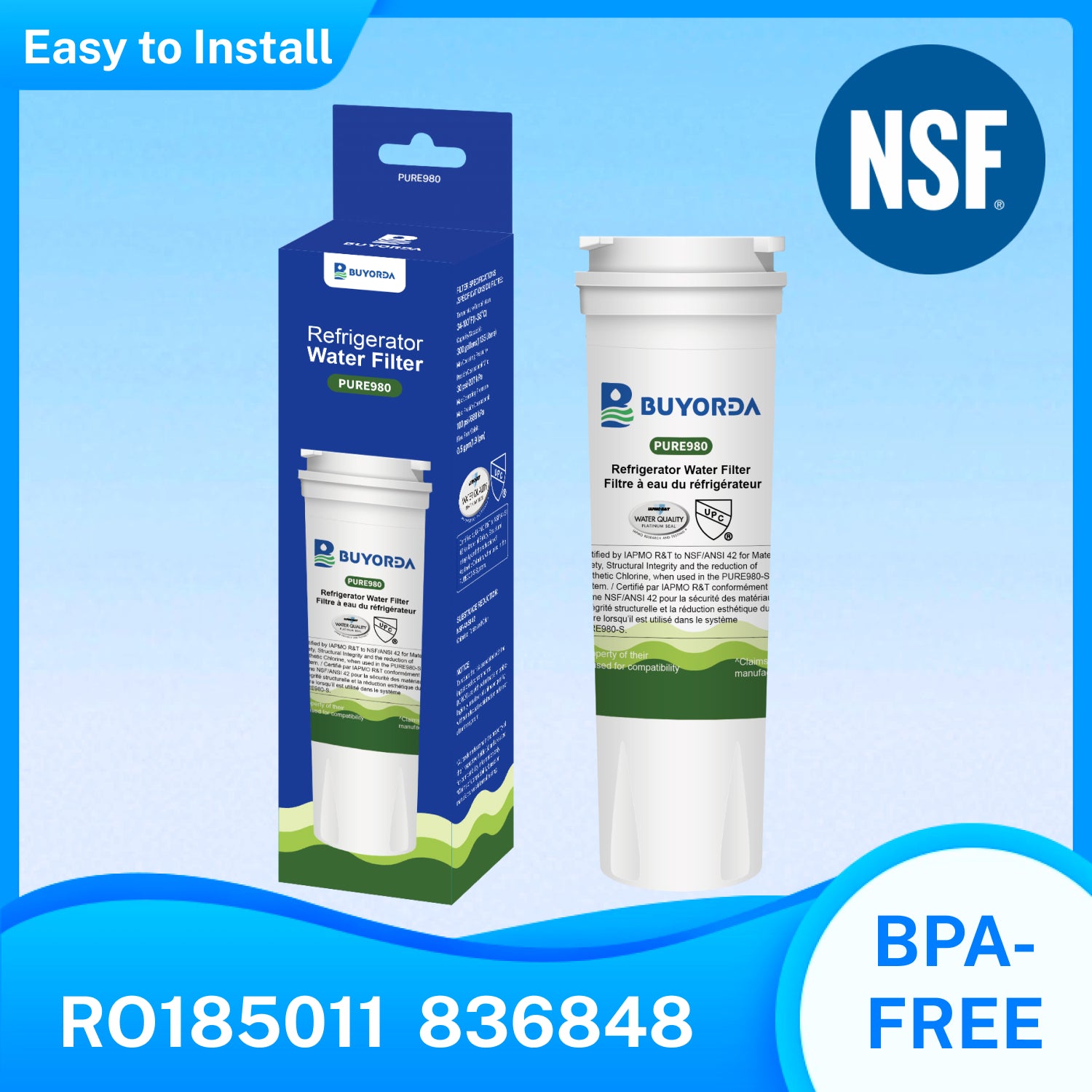 Buyorda 836848 Refrigerator Water Filter Multi-Pack (1–6 Pack), Replacement for Fisher & Paykel 836860 / 862285 / 862284, Fits E402 / E442B / E522B / RO185014 / RO185011